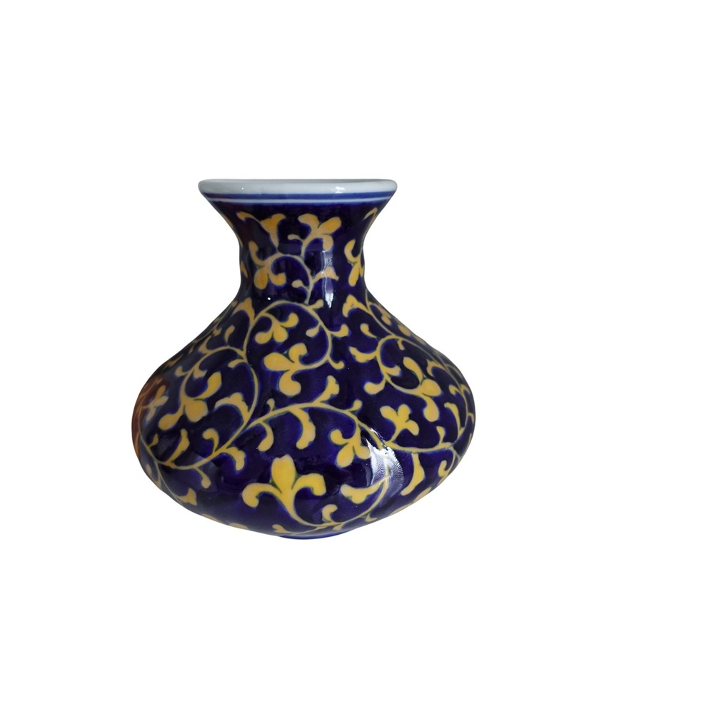 Large Cobalt ceramic blue vase with yellow details 8 inches tall‎